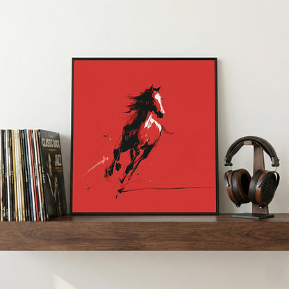 Wild horse Japanese ink art red background calligraphy wall art