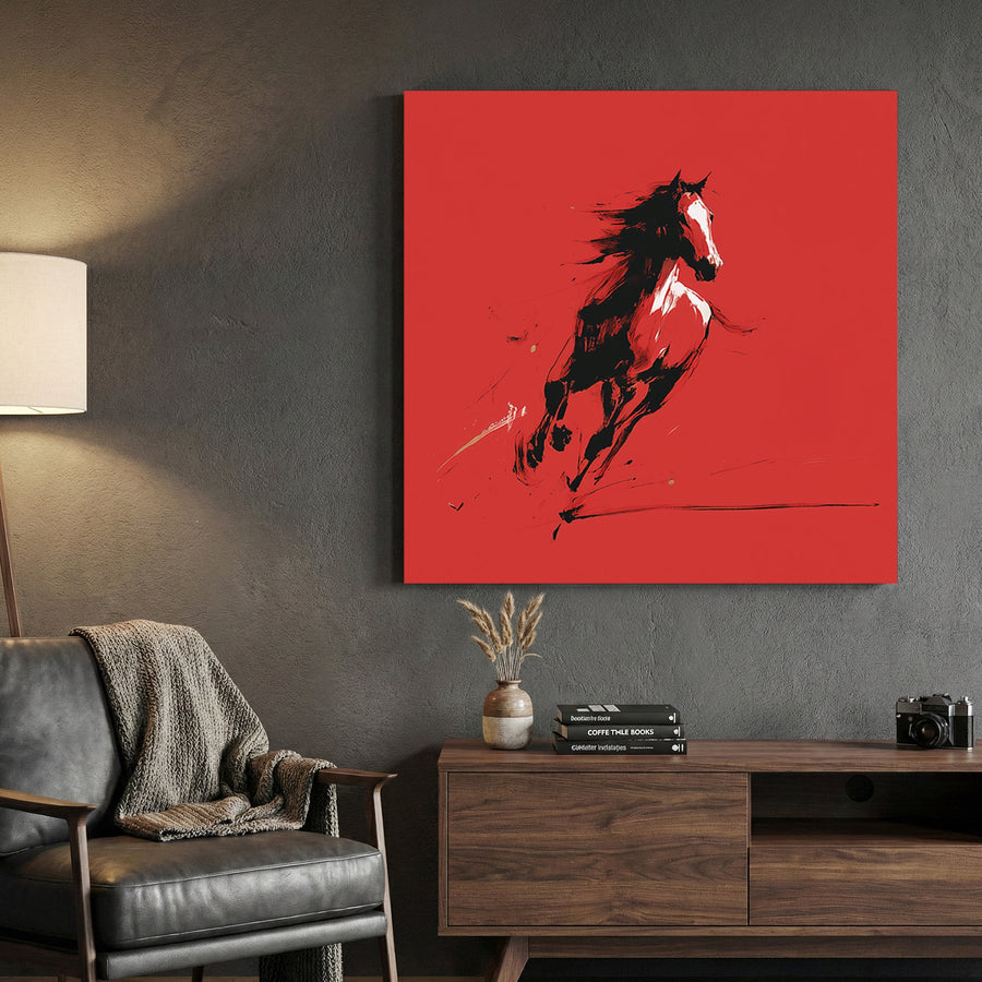 Wild horse Japanese ink art red background calligraphy wall art