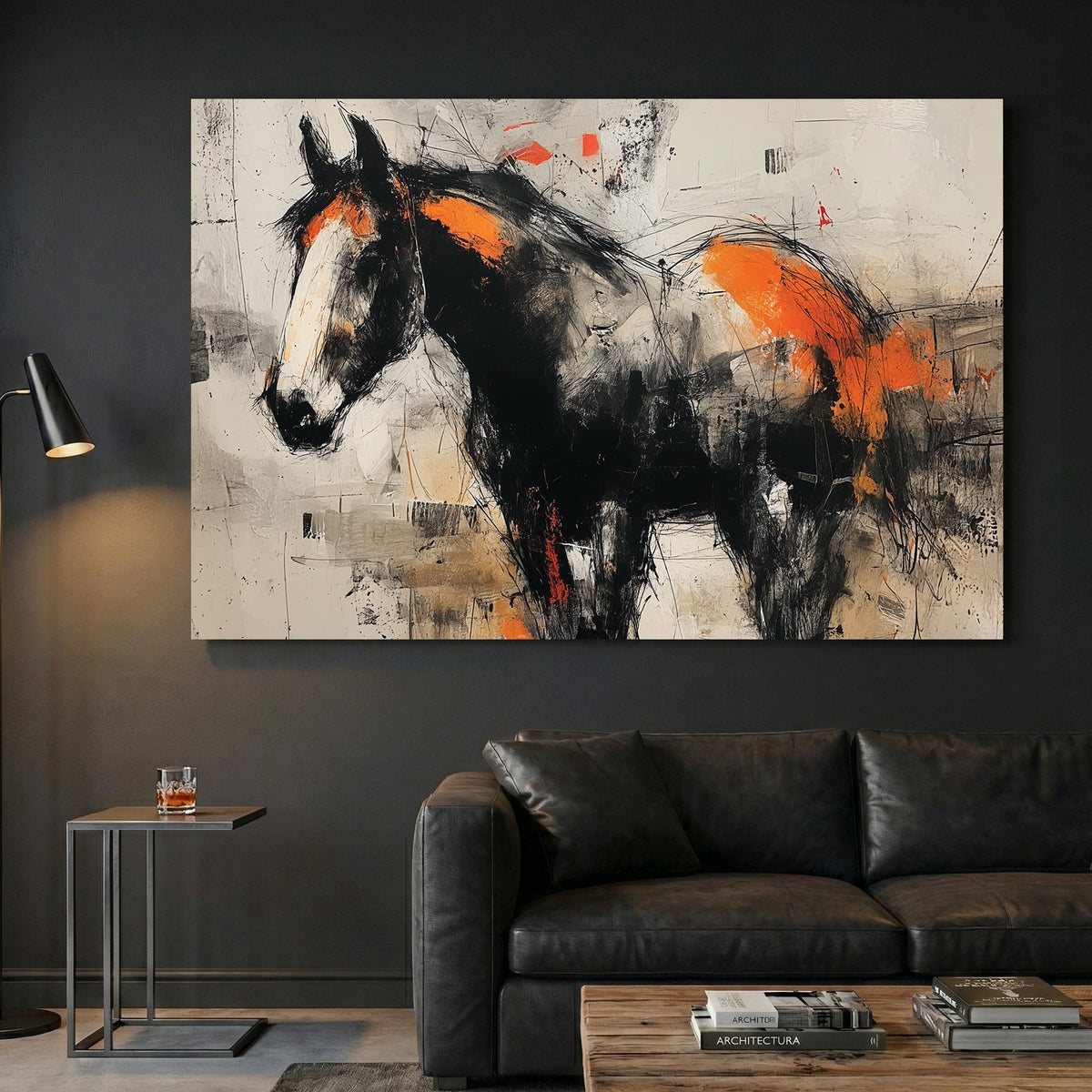 Abstract horse sketch expressionist orange accent wall art