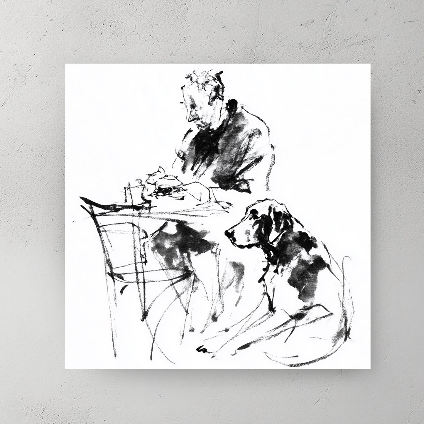 Man and dog friendship sketch minimalist ink wall art