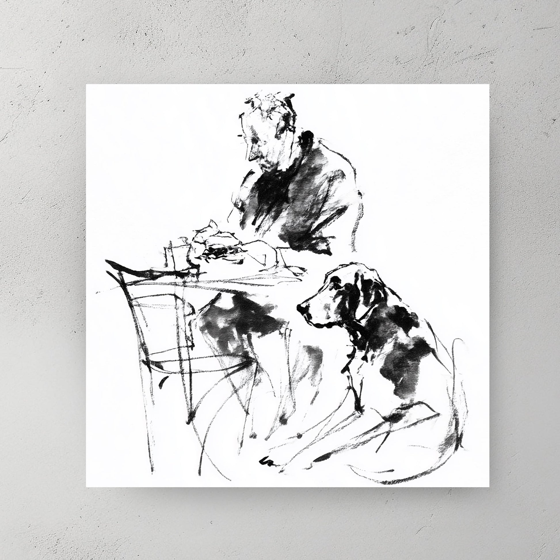 Man and dog friendship sketch minimalist ink wall art