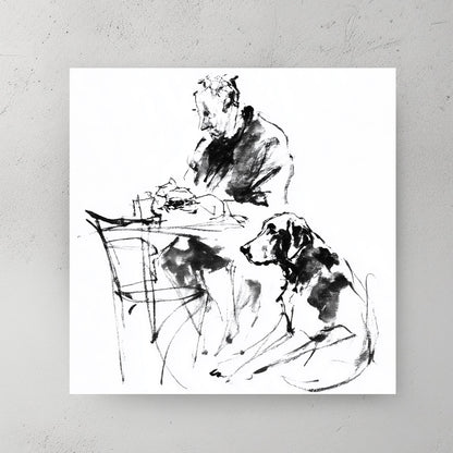 Man and dog friendship sketch minimalist ink wall art