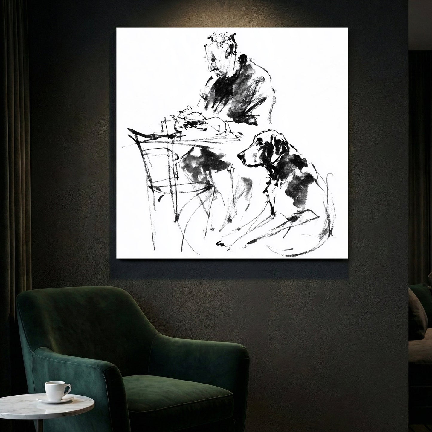Man and dog friendship sketch minimalist ink wall art