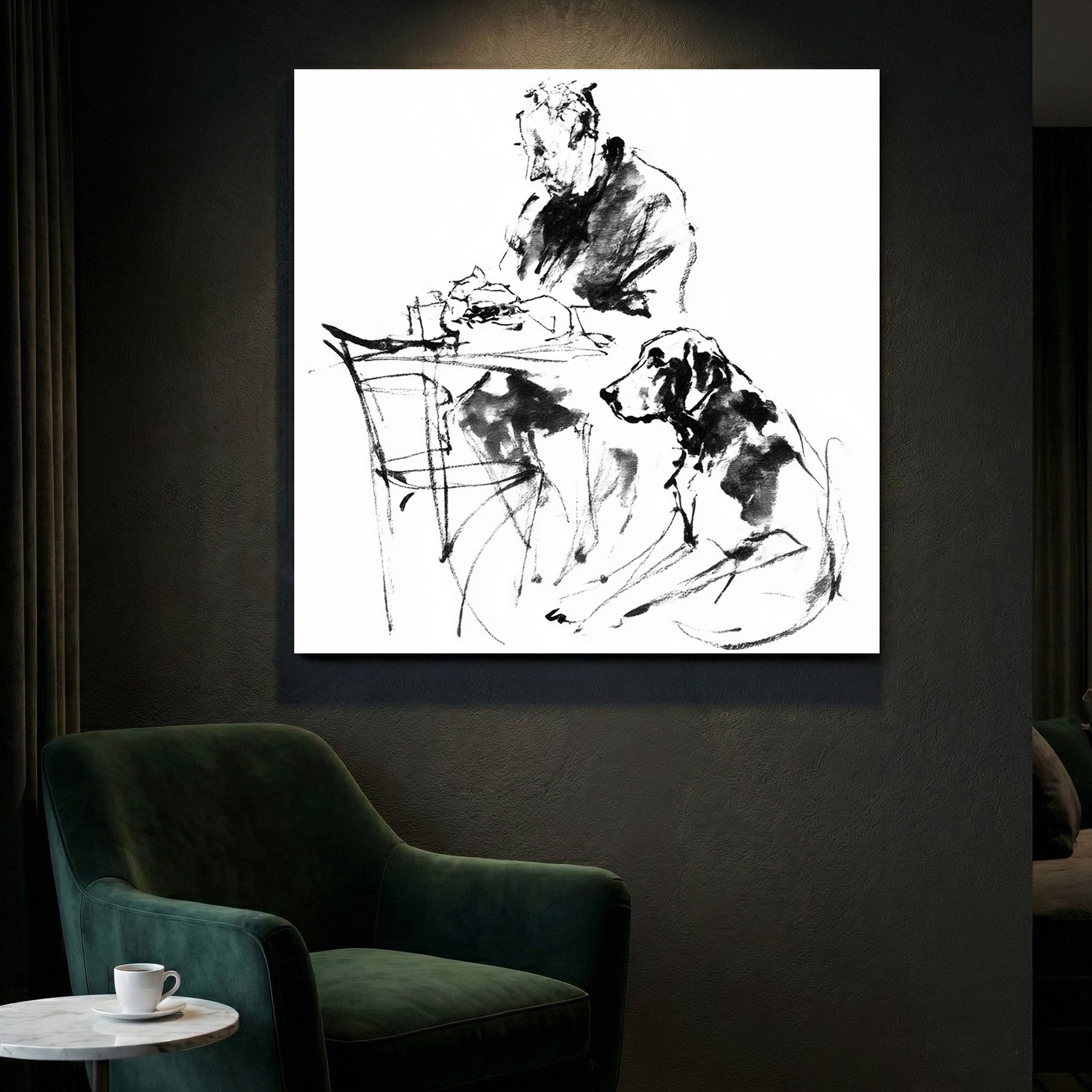 Man and dog friendship sketch minimalist ink wall art