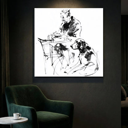 Man and dog friendship sketch minimalist ink wall art