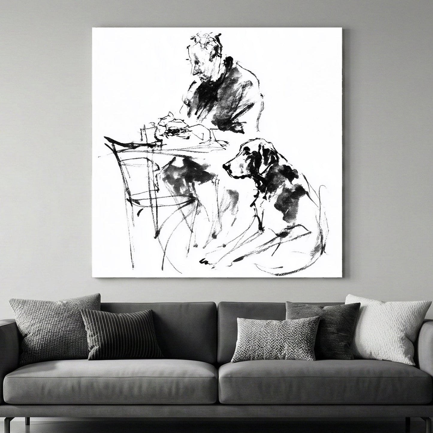 Man and dog friendship sketch minimalist ink wall art