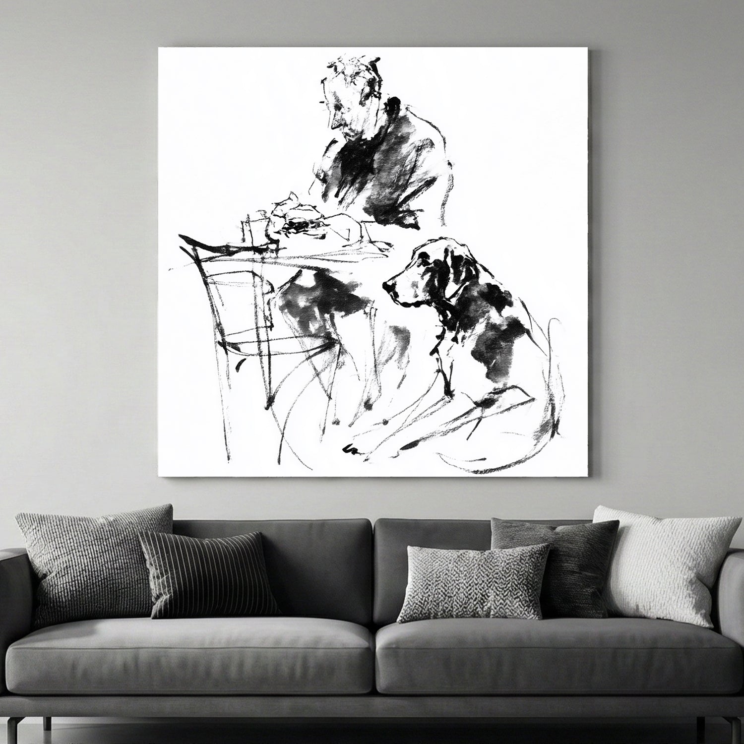 Man and dog friendship sketch minimalist ink wall art