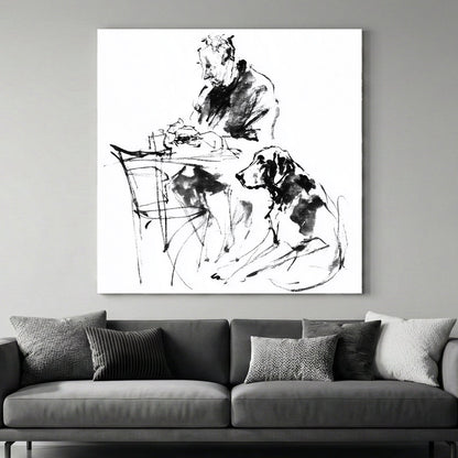 Man and dog friendship sketch minimalist ink wall art