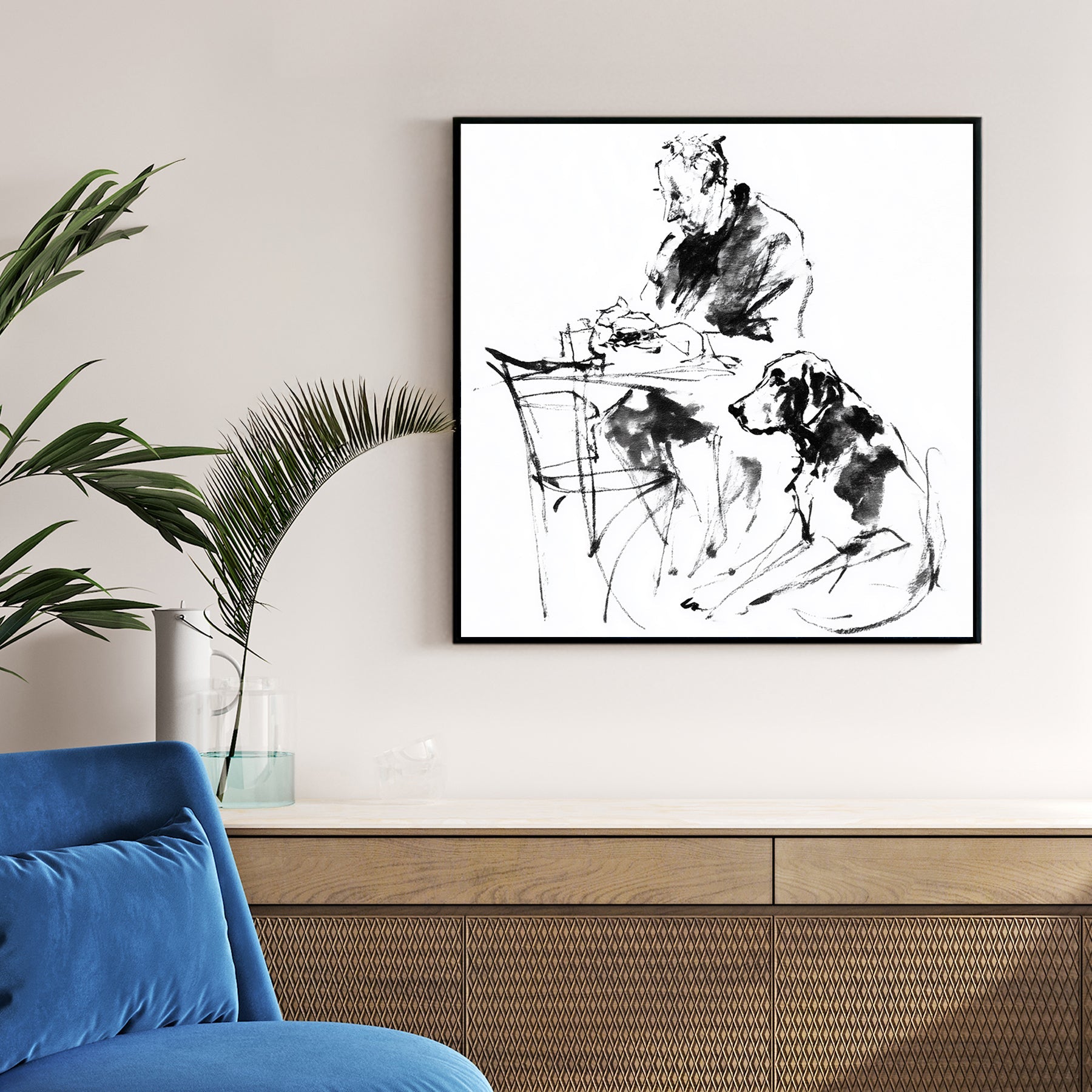 Man and dog friendship sketch minimalist ink wall art