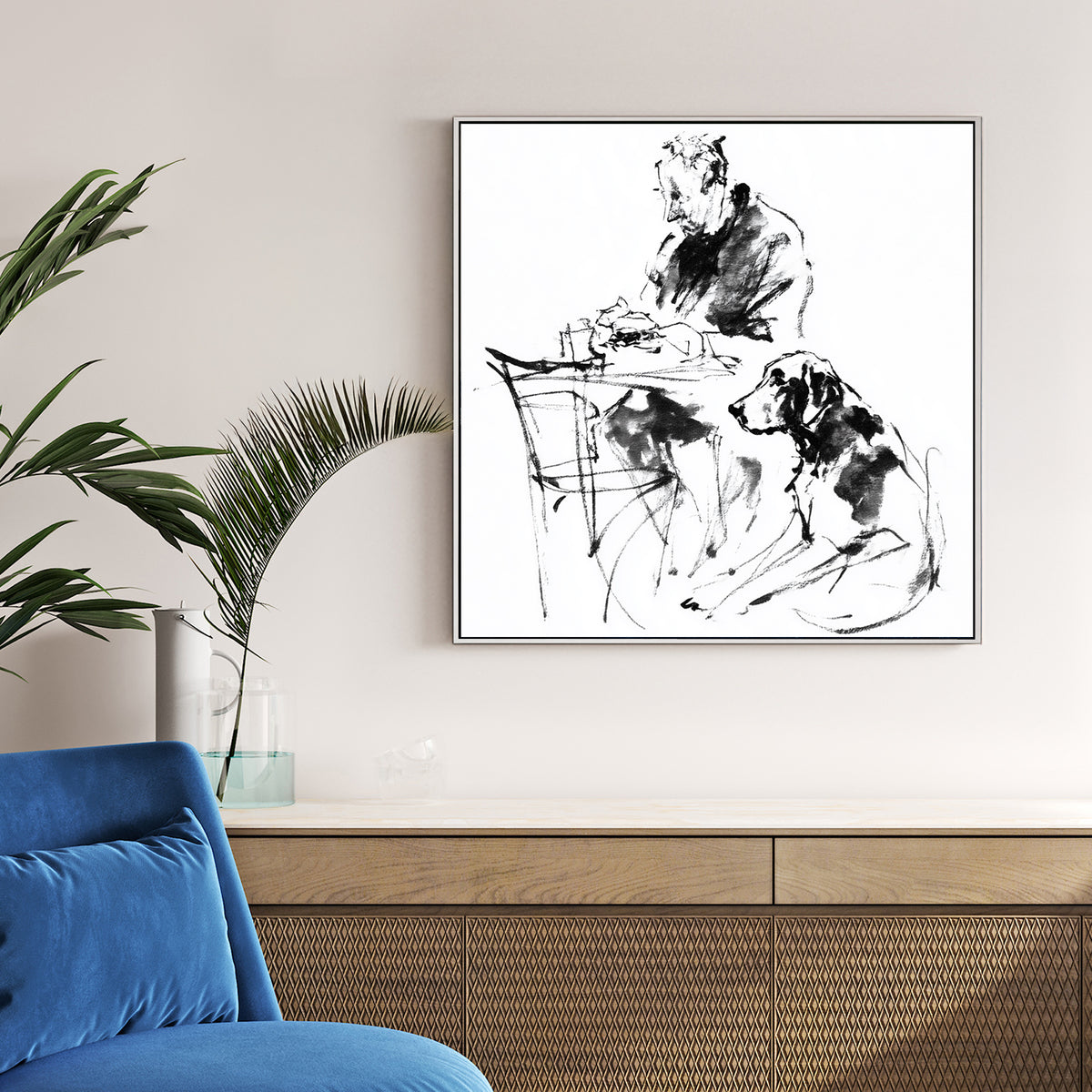 Man and dog friendship sketch minimalist ink wall art