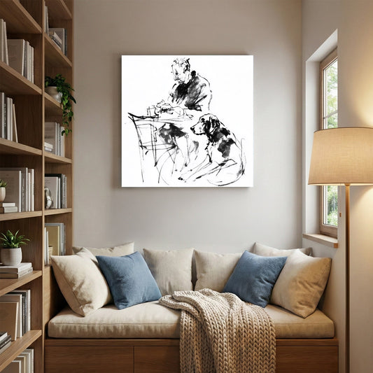 Man and dog friendship sketch minimalist ink wall art