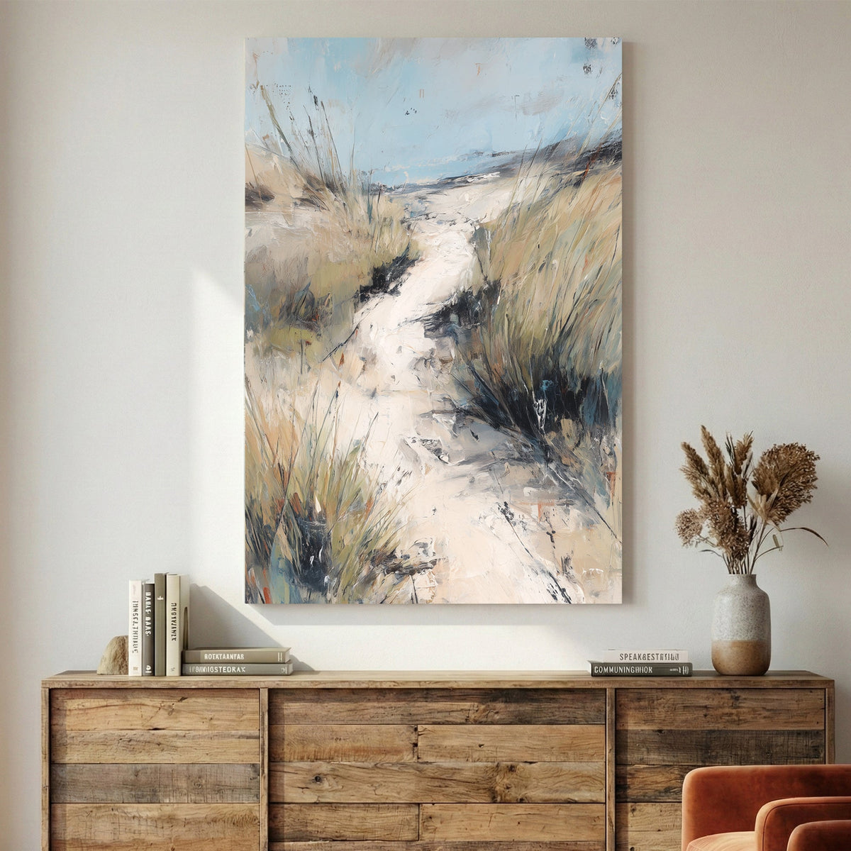 Coastal path golden grass scenic landscape blue sky wall art