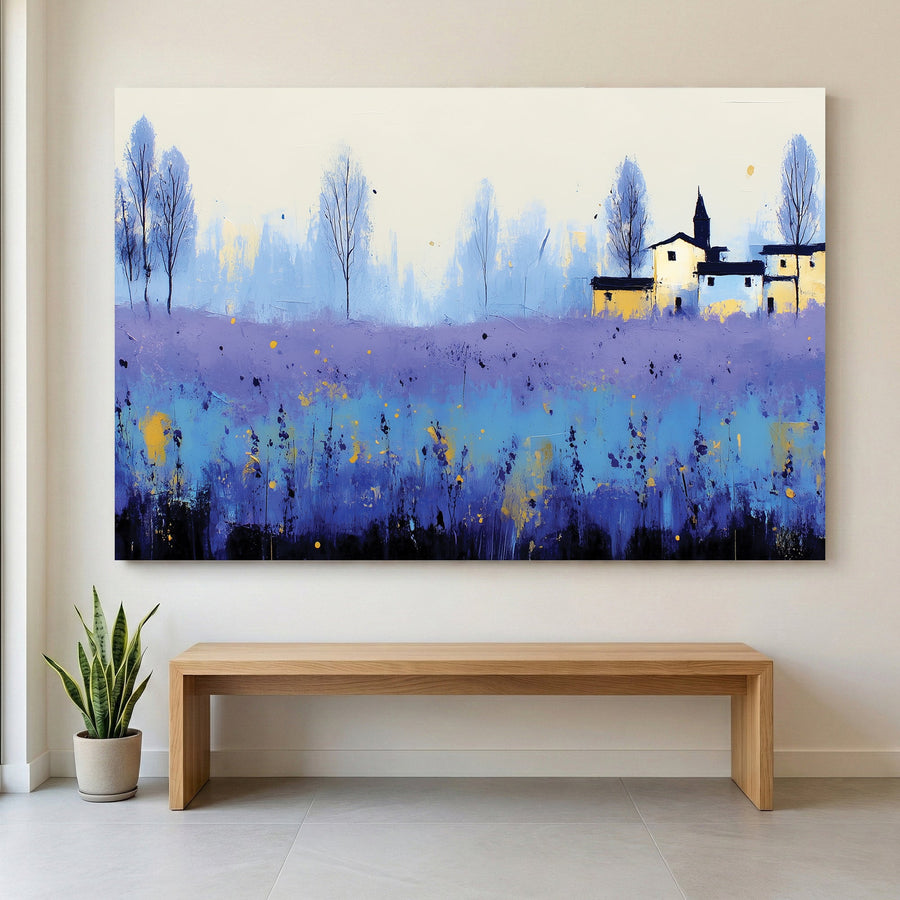 Lavender field church Monet impressionist soft purple blue wall art