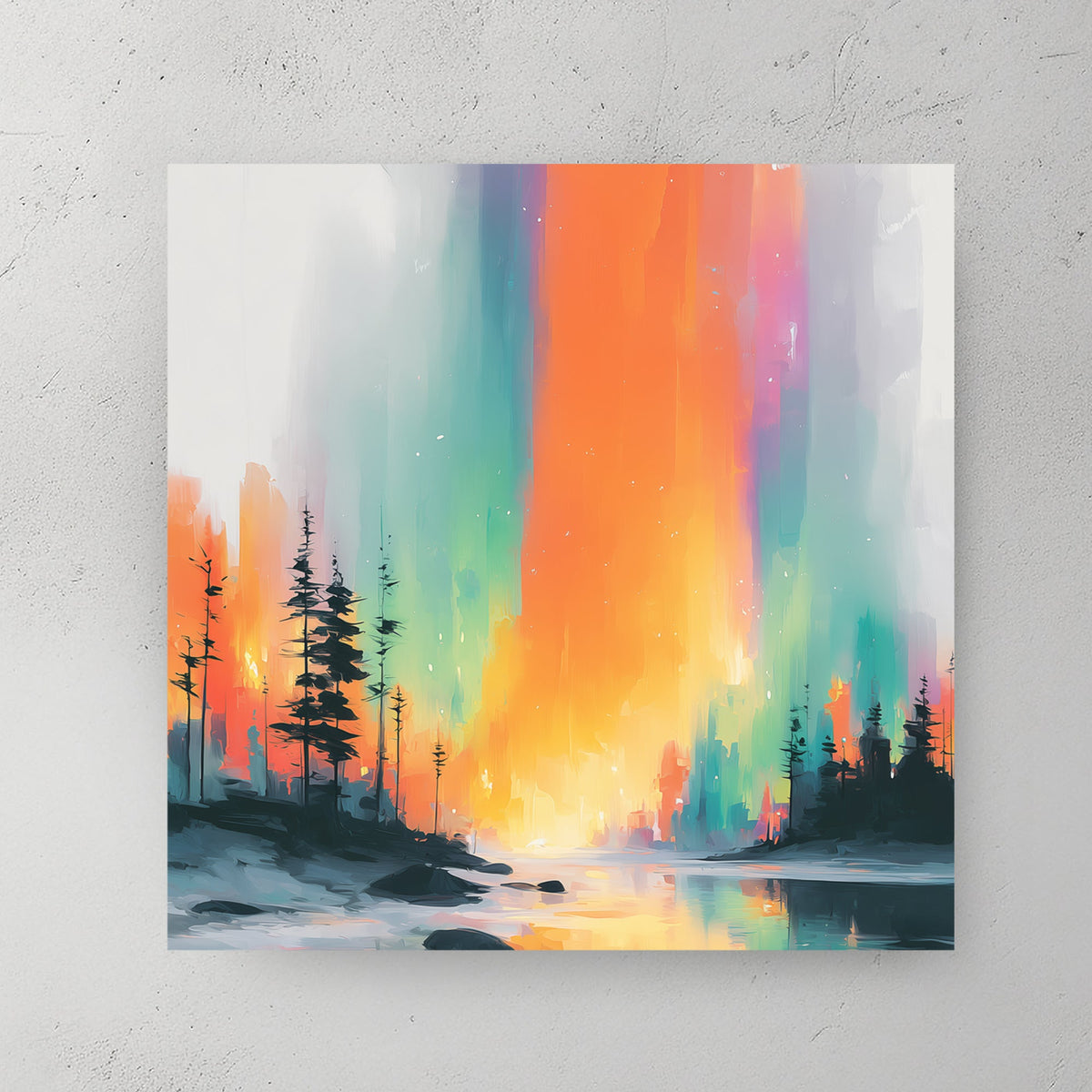 Aurora forest surreal colourful landscape reflection wall art