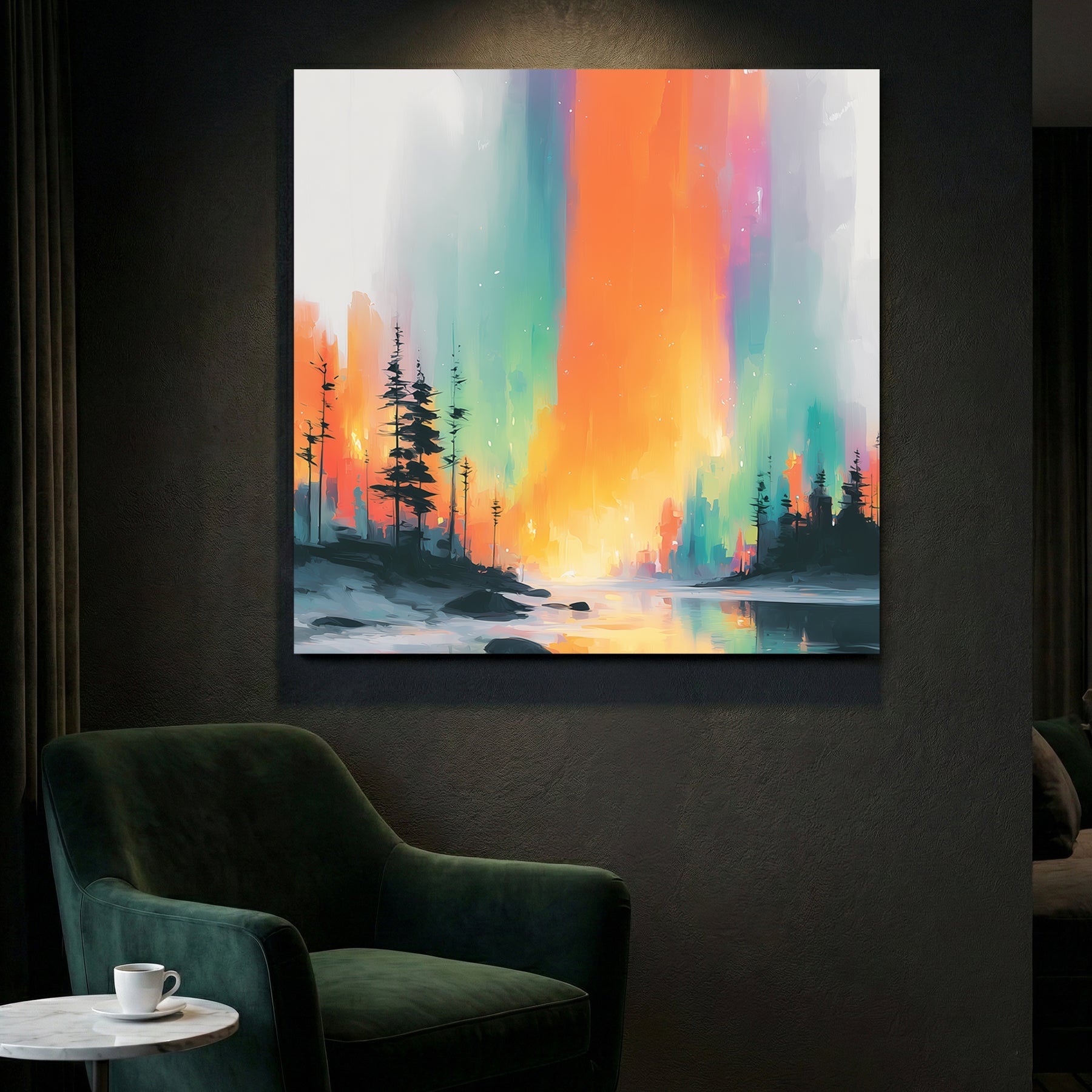 Aurora forest surreal colourful landscape reflection wall art