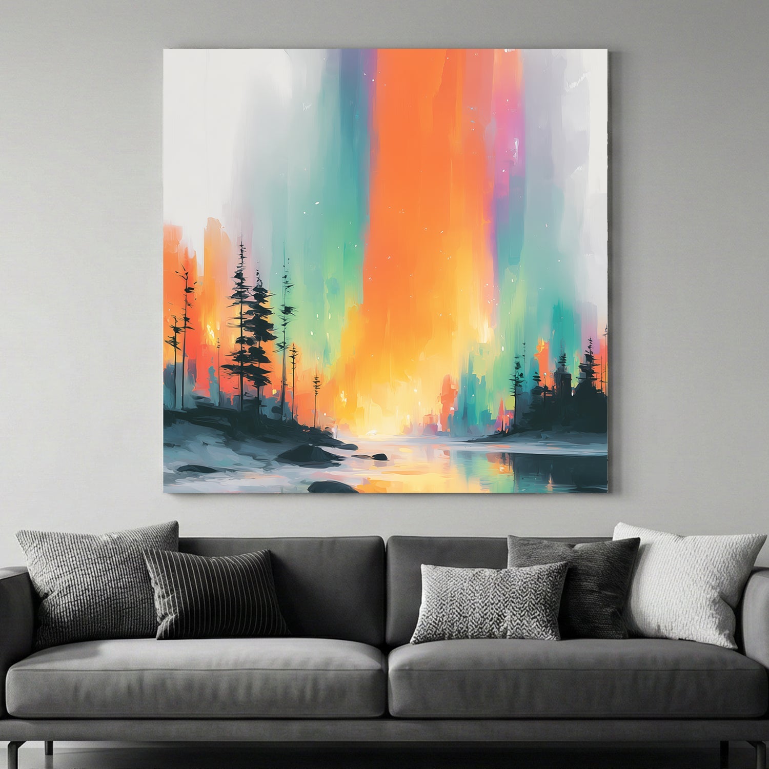 Aurora forest surreal colourful landscape reflection wall art