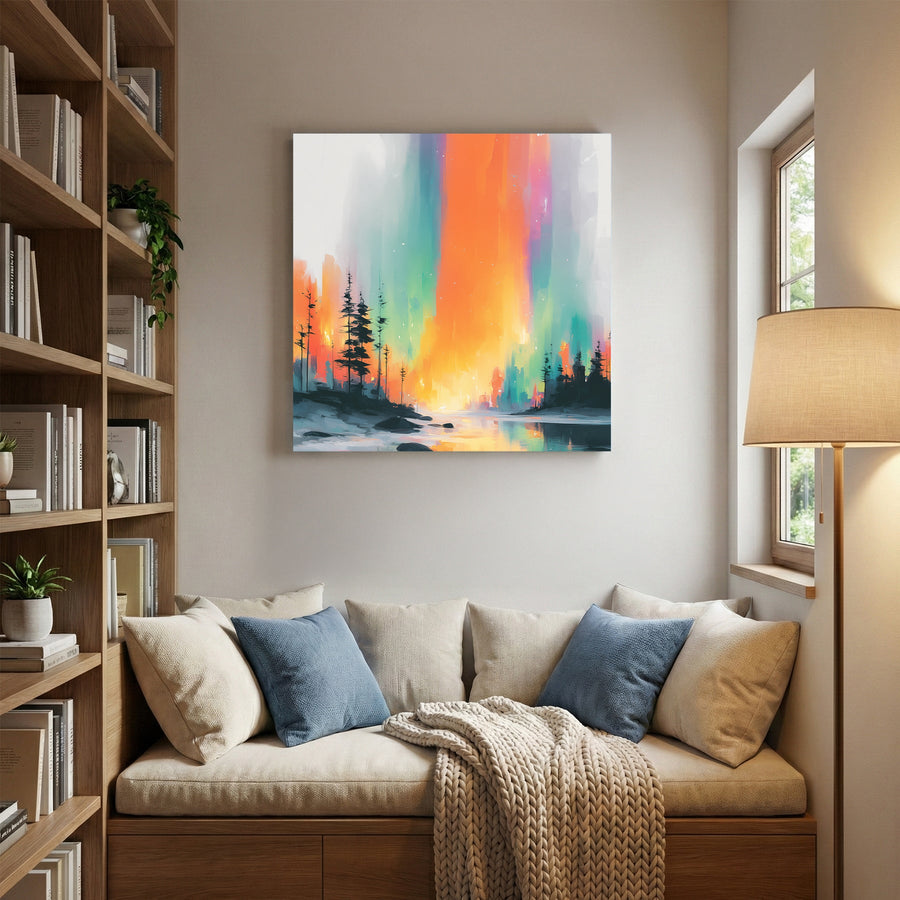 Aurora forest surreal colourful landscape reflection wall art