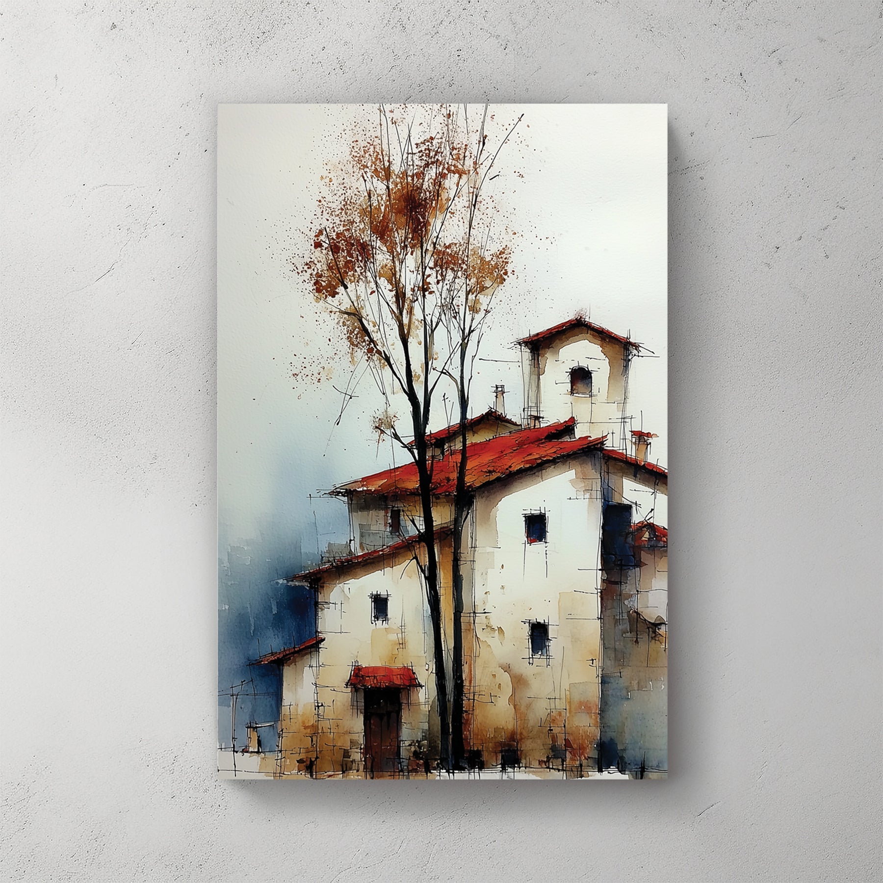 Autumn farmhouse tree rustic countryside orange grey wall art