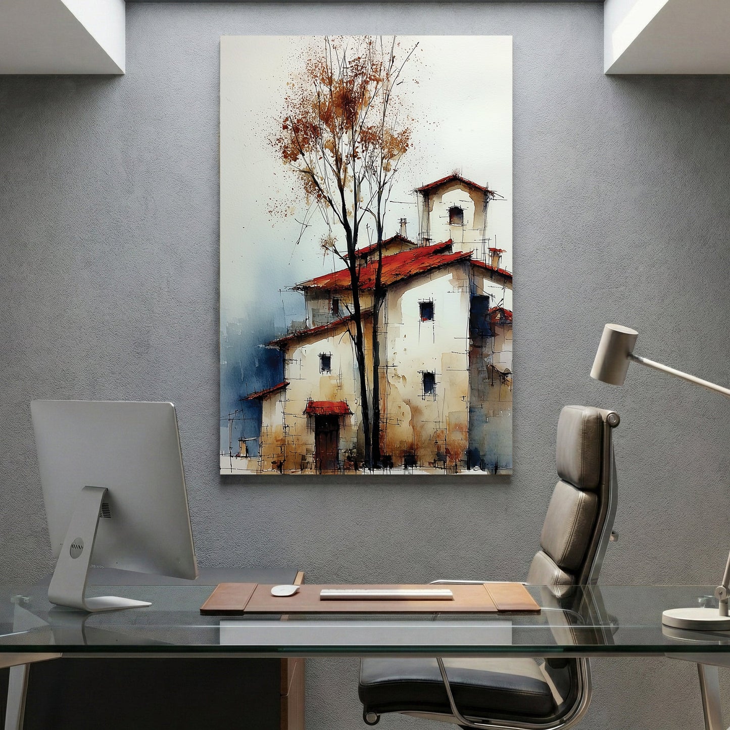 Autumn farmhouse tree rustic countryside orange grey wall art