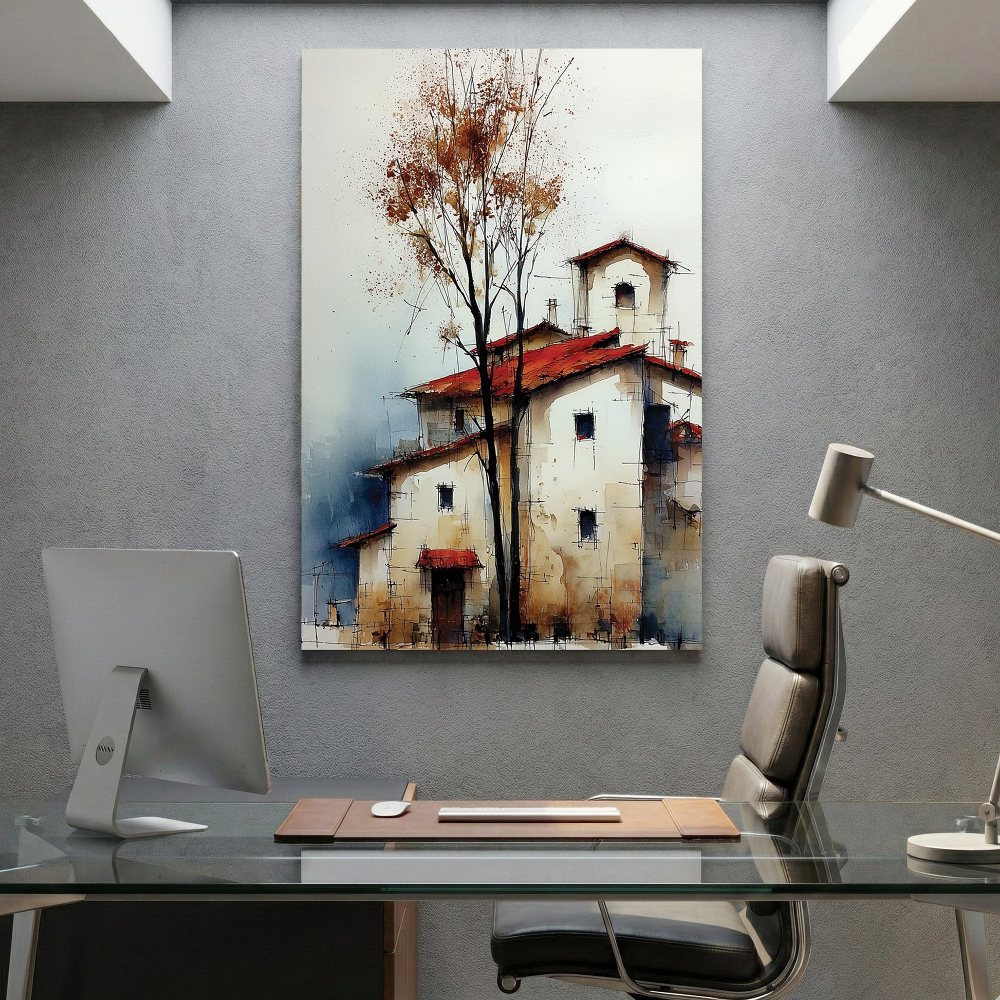Autumn farmhouse tree rustic countryside orange grey wall art