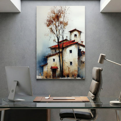 Autumn farmhouse tree rustic countryside orange grey wall art