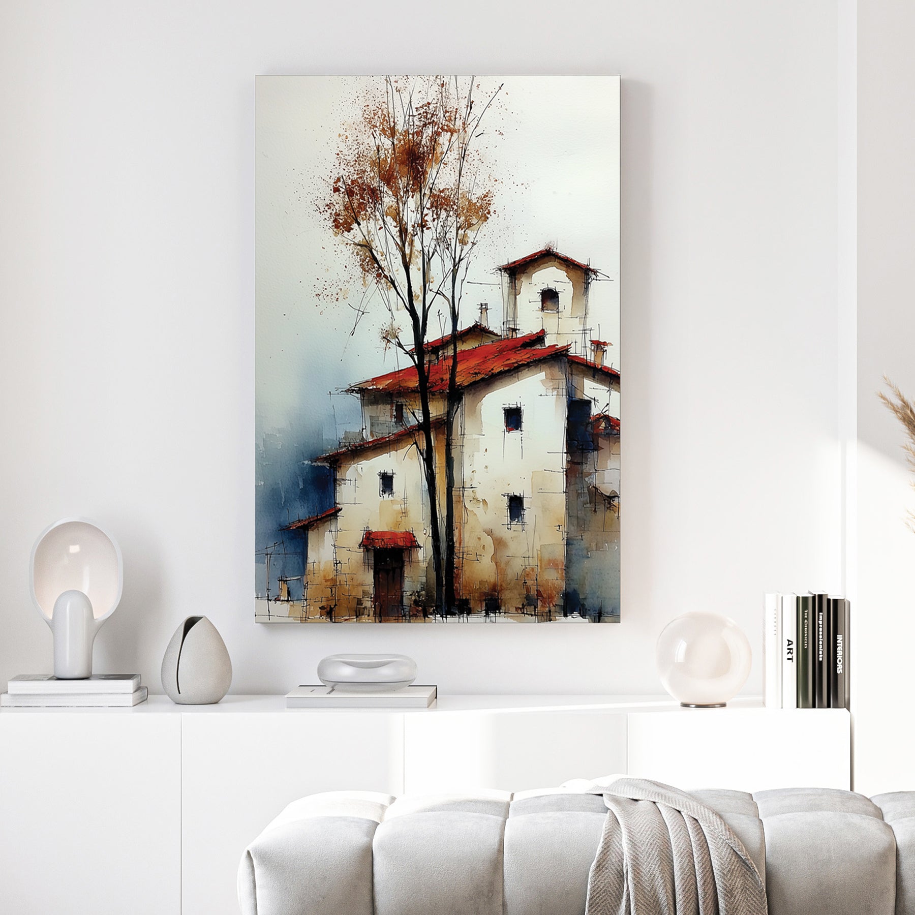 Autumn farmhouse tree rustic countryside orange grey wall art