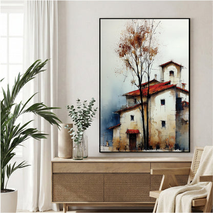 Autumn farmhouse tree rustic countryside orange grey wall art