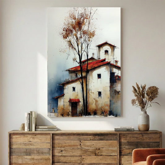 Autumn farmhouse tree rustic countryside orange grey wall art