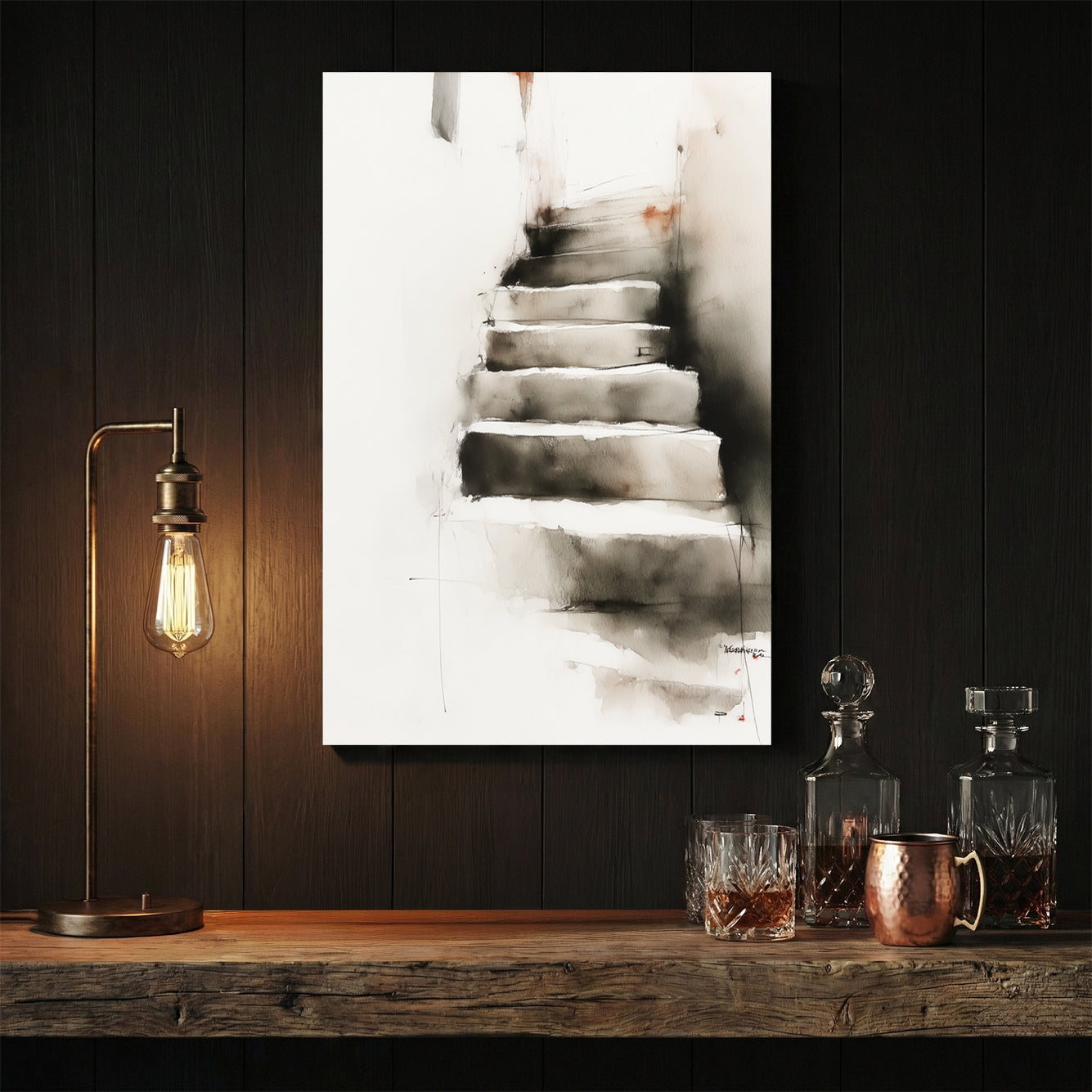 Stairway ascent minimalist conceptual misty grey wall art