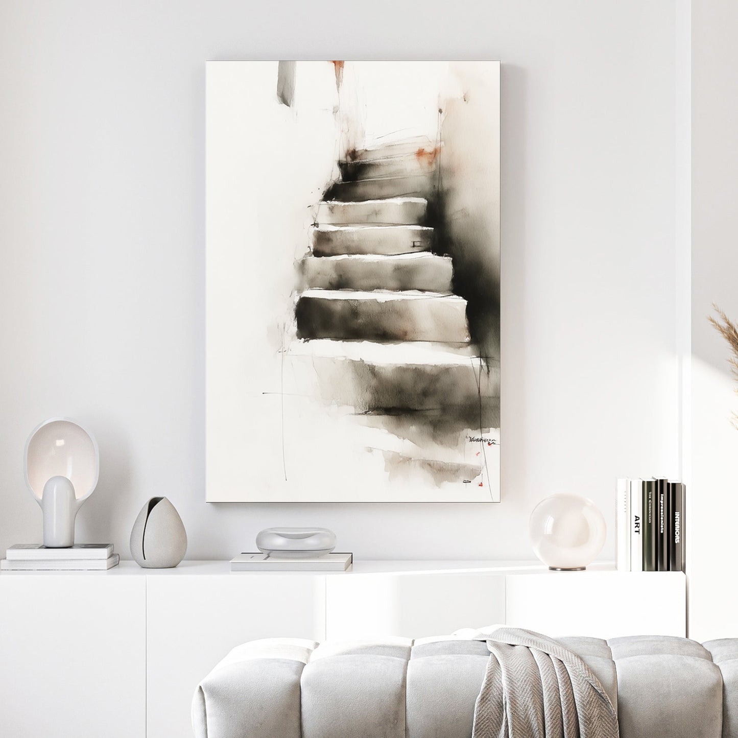 Stairway ascent minimalist conceptual misty grey wall art