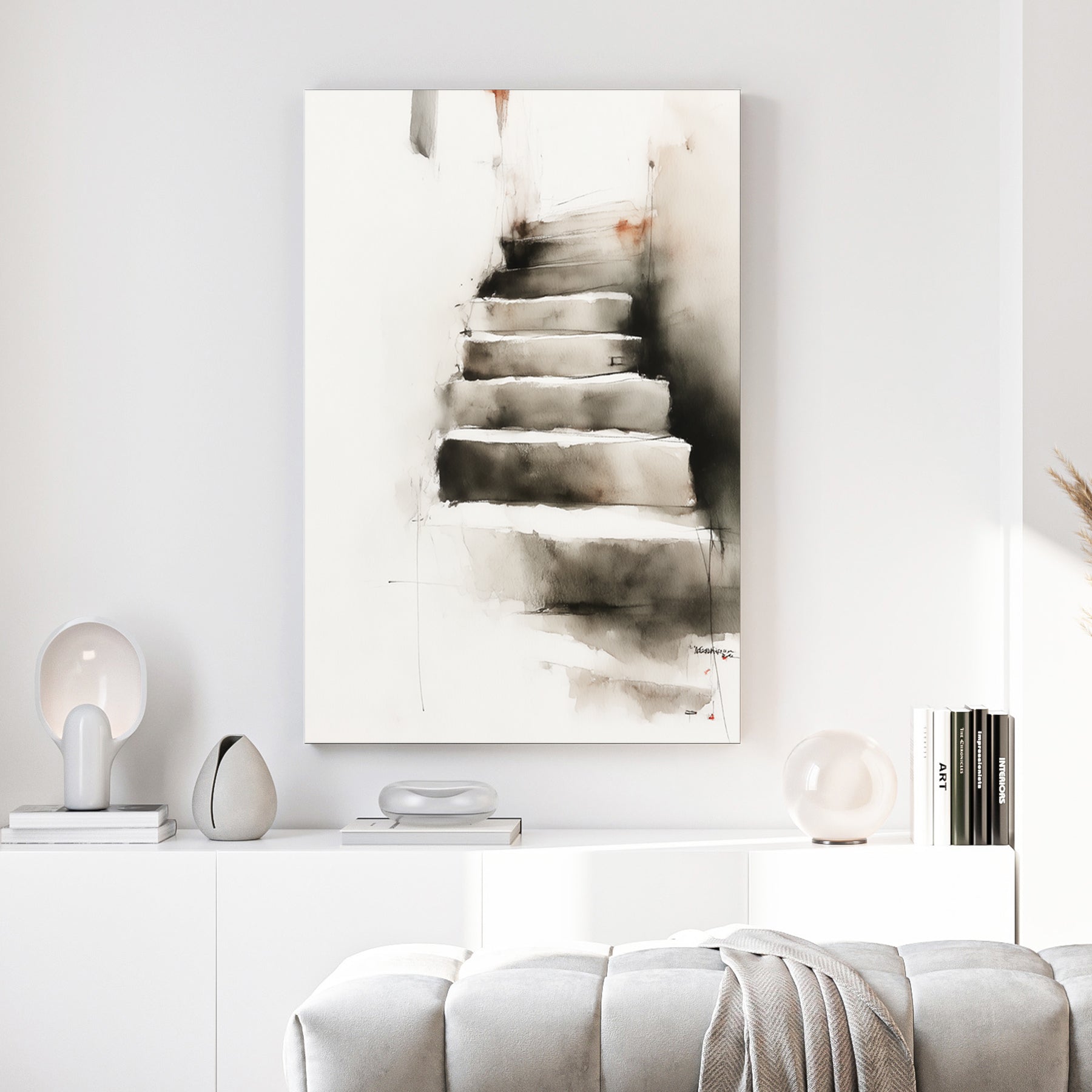 Stairway ascent minimalist conceptual misty grey wall art
