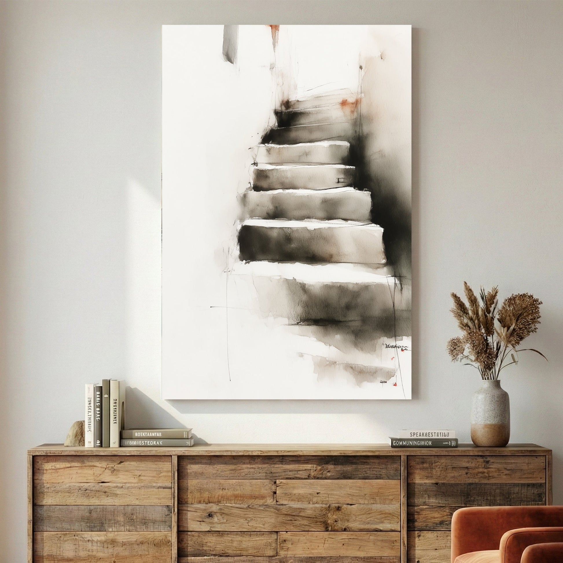 Stairway ascent minimalist conceptual misty grey wall art