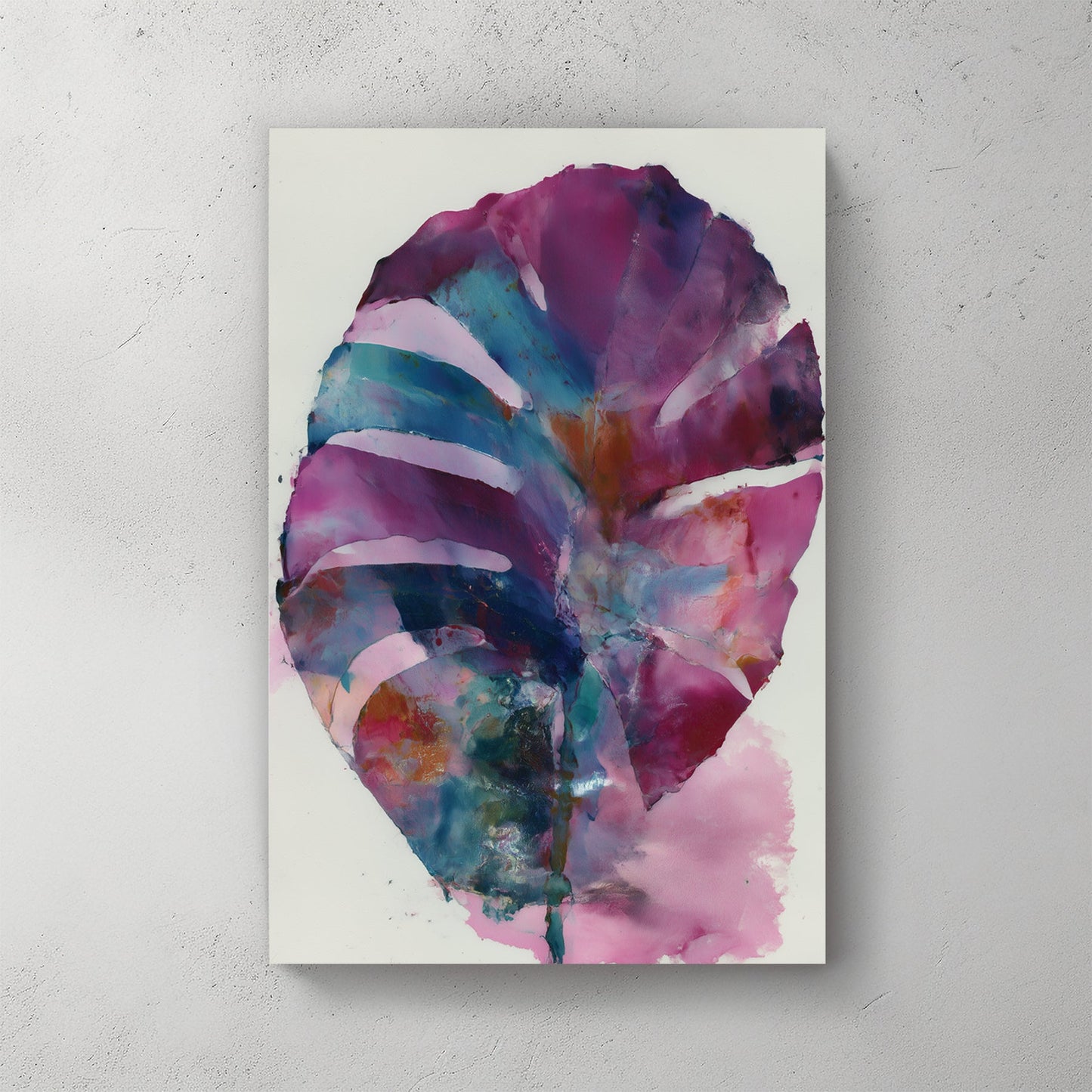 Large leaf plant watercolour with purple, teal, pink, and warm earth tone washes