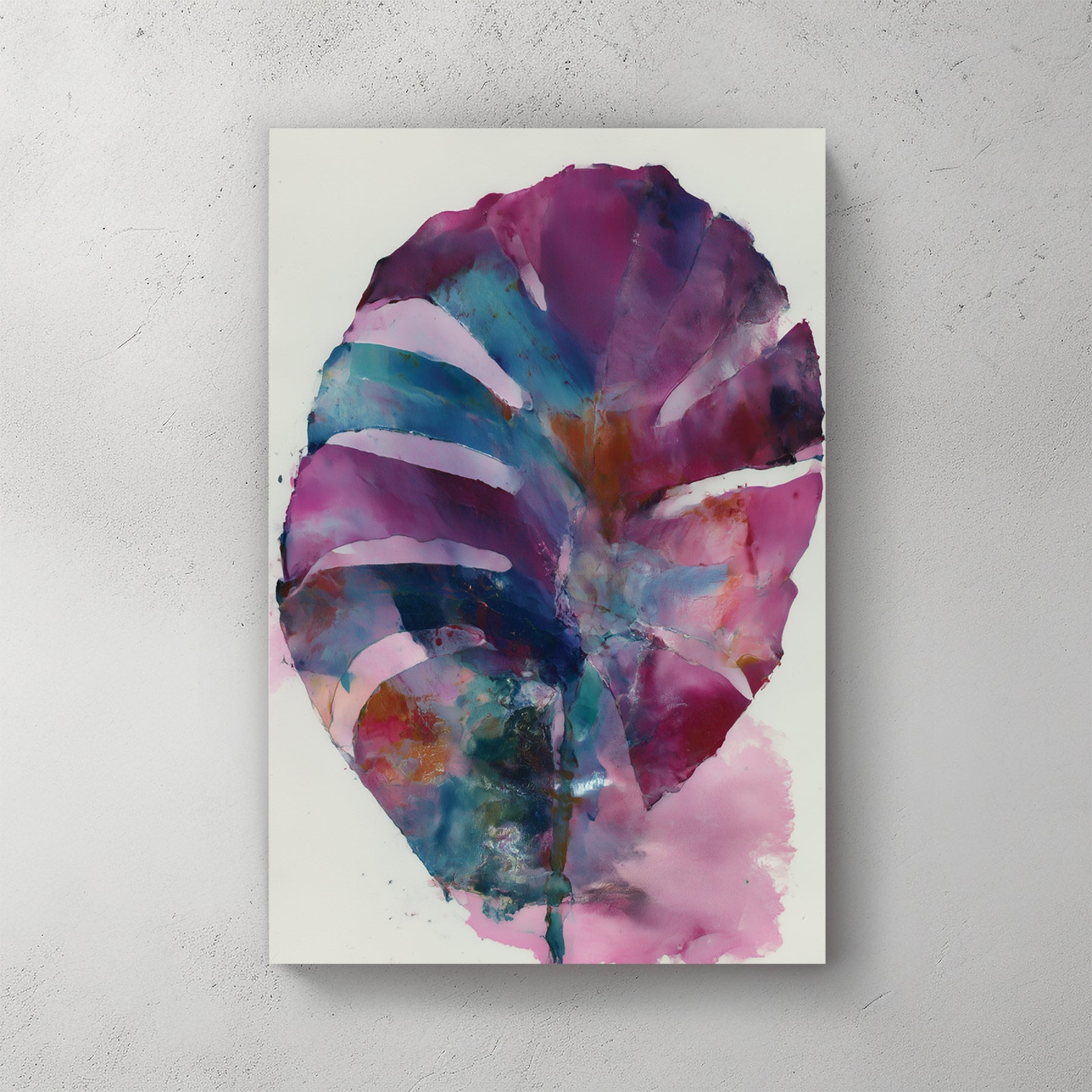 Large leaf plant watercolour with purple, teal, pink, and warm earth tone washes