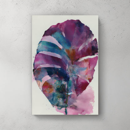 Large leaf plant watercolour with purple, teal, pink, and warm earth tone washes