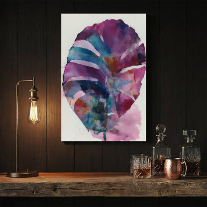 Large leaf plant watercolour with purple, teal, pink, and warm earth tone washes