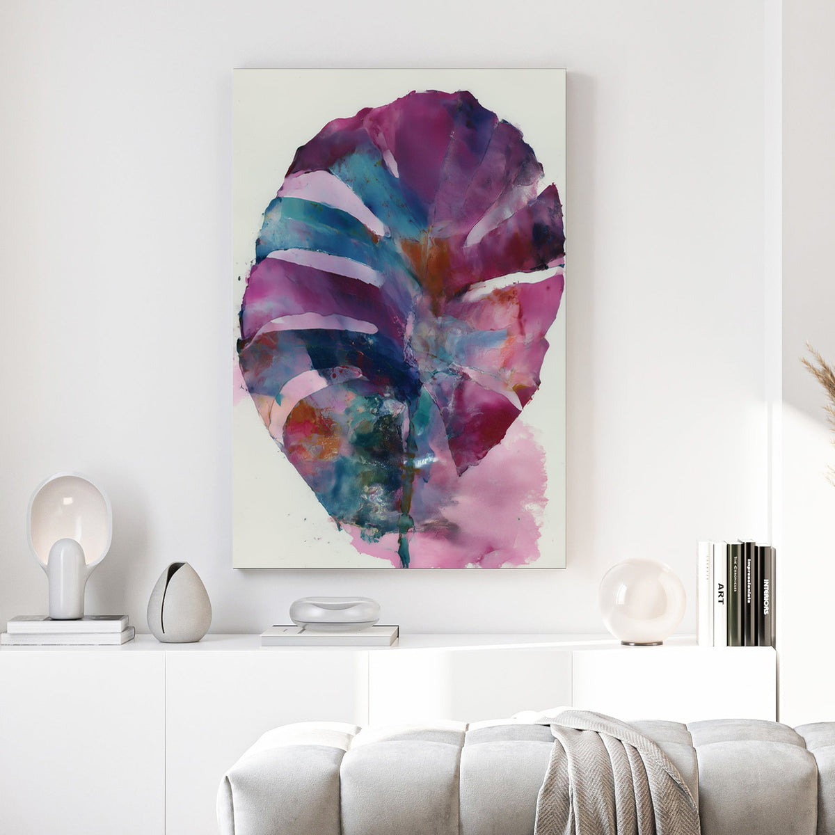 Large leaf plant watercolour with purple, teal, pink, and warm earth tone washes