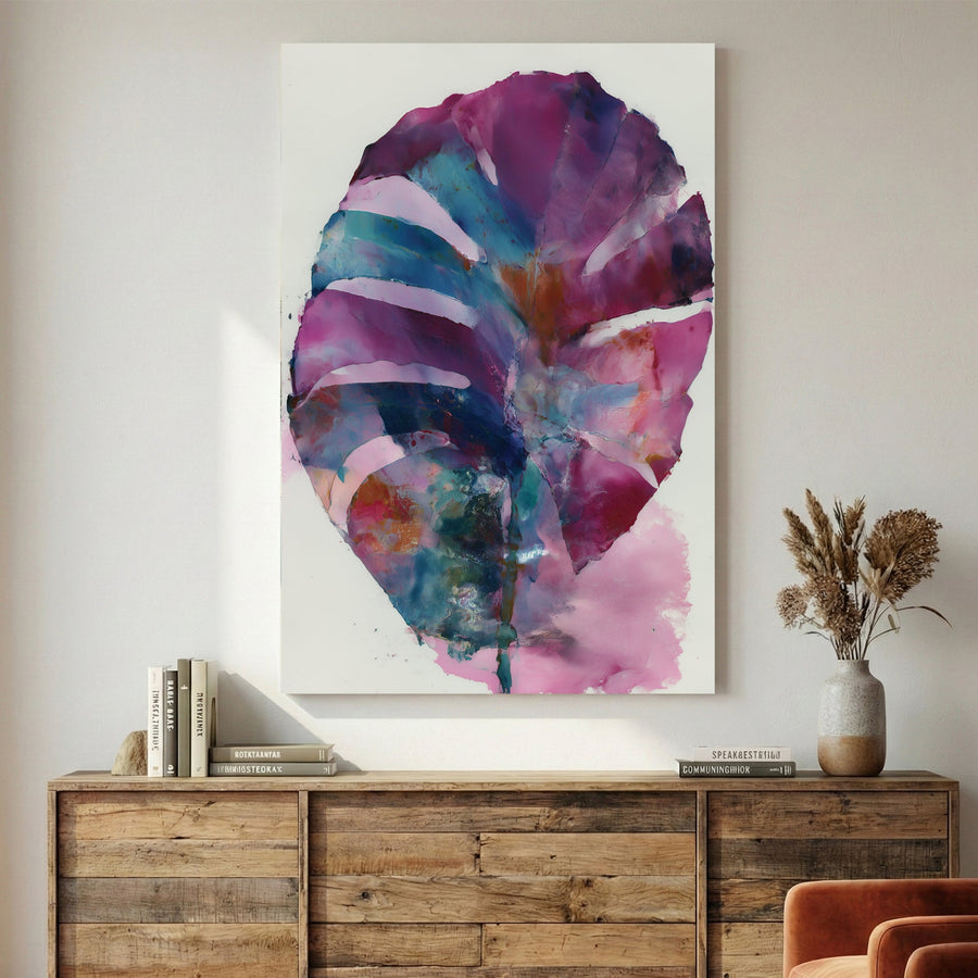 Large leaf plant watercolour with purple, teal, pink, and warm earth tone washes