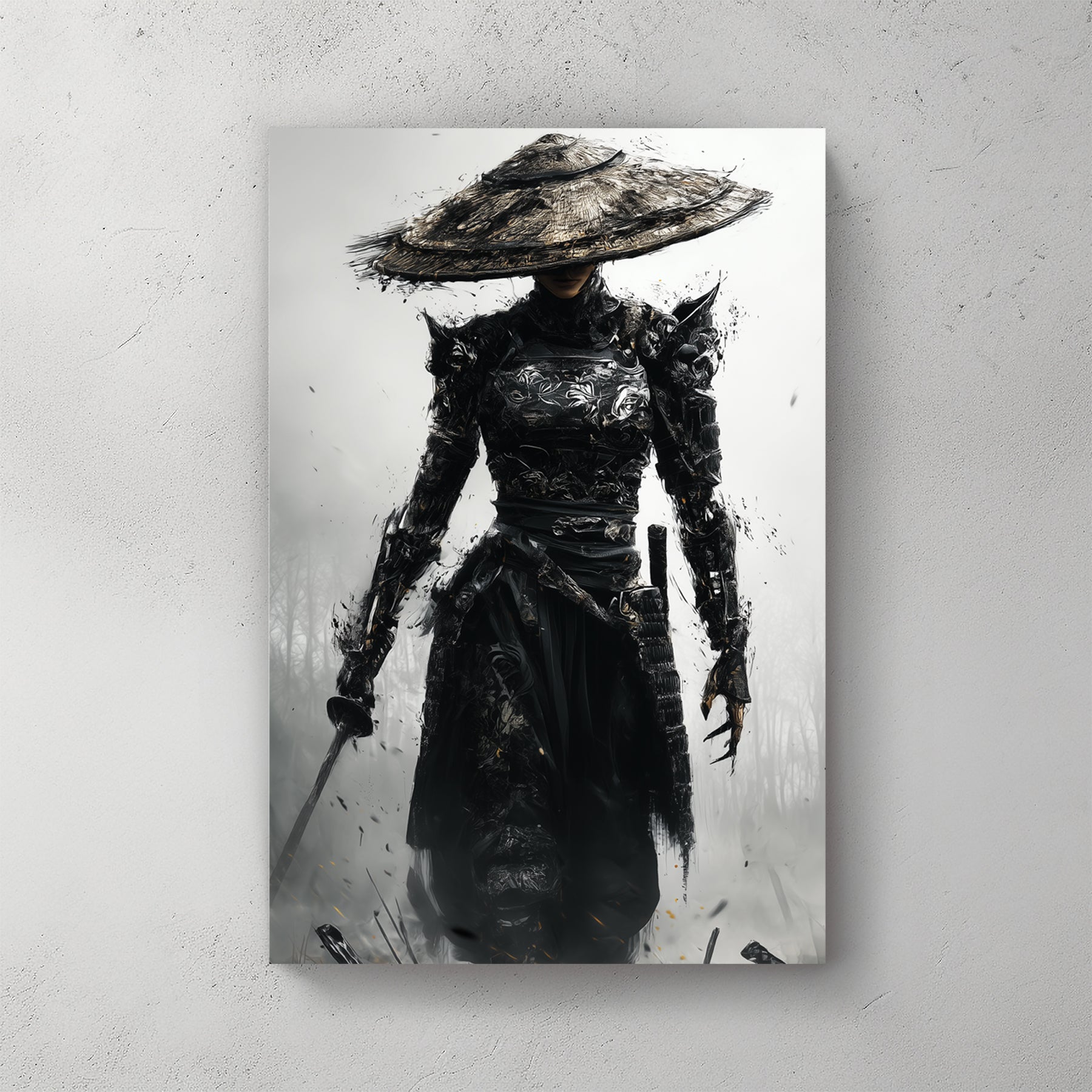 Warrior woman in ornate hat wearing black robes, sketch wall art