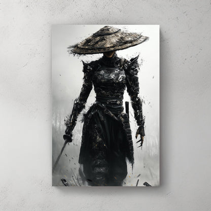 Warrior woman in ornate hat wearing black robes, sketch wall art