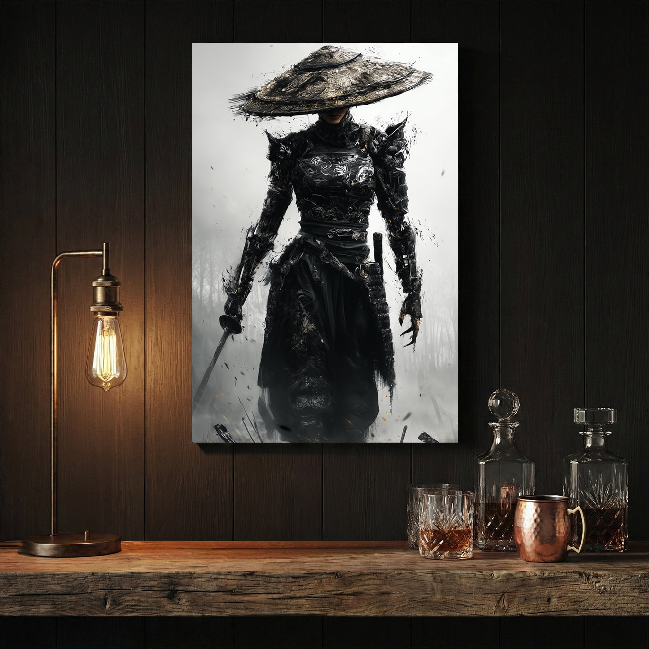 Warrior woman in ornate hat wearing black robes, sketch wall art