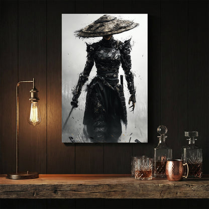 Warrior woman in ornate hat wearing black robes, sketch wall art
