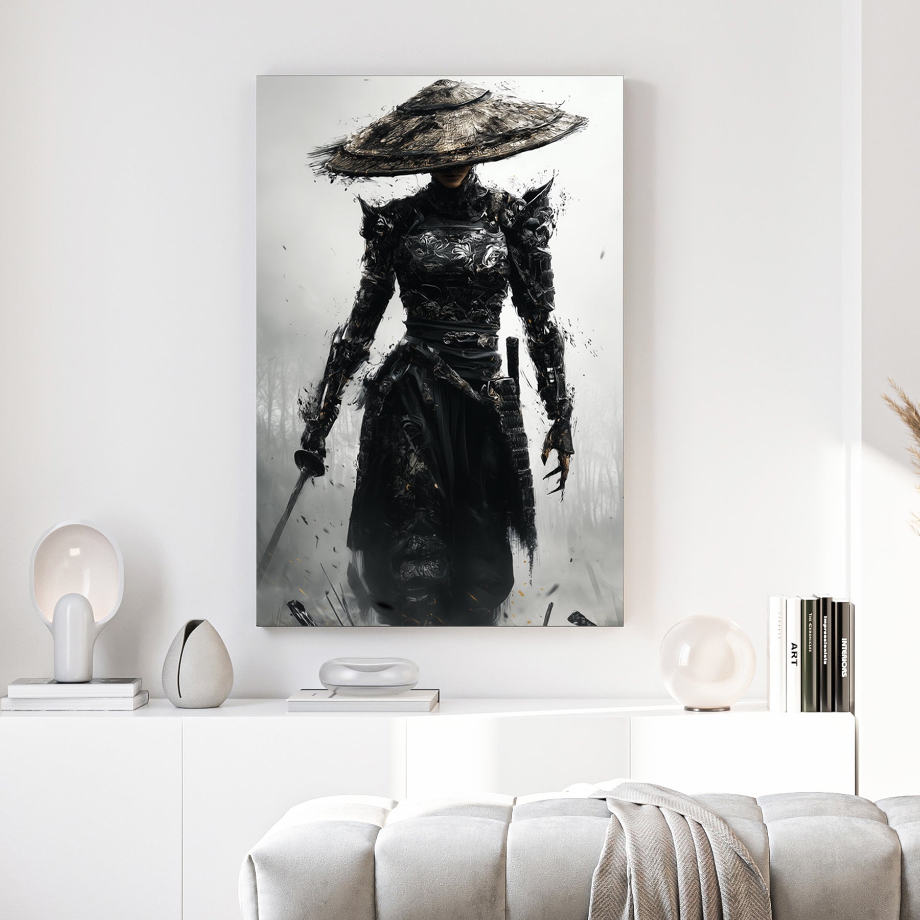 Warrior woman in ornate hat wearing black robes, sketch wall art