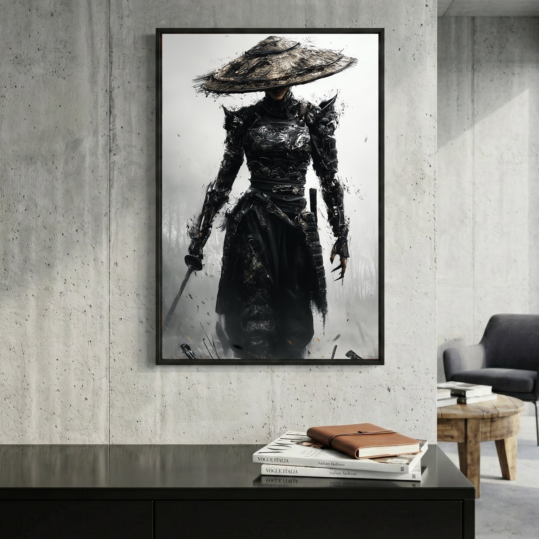 Warrior woman in ornate hat wearing black robes, sketch wall art