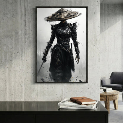 Warrior woman in ornate hat wearing black robes, sketch wall art