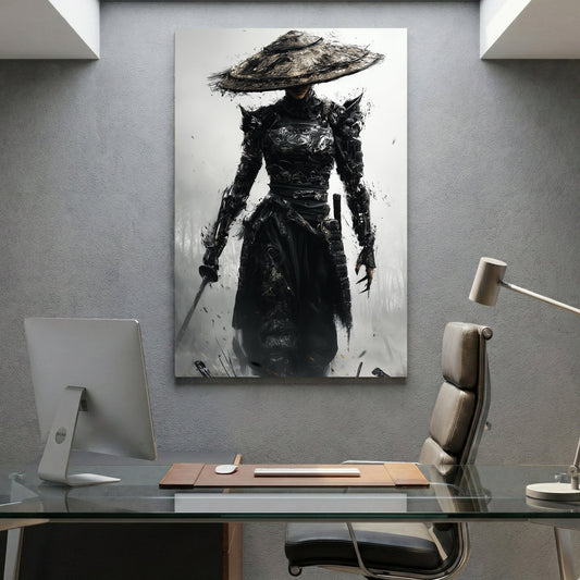 Warrior woman in ornate hat wearing black robes, sketch wall art