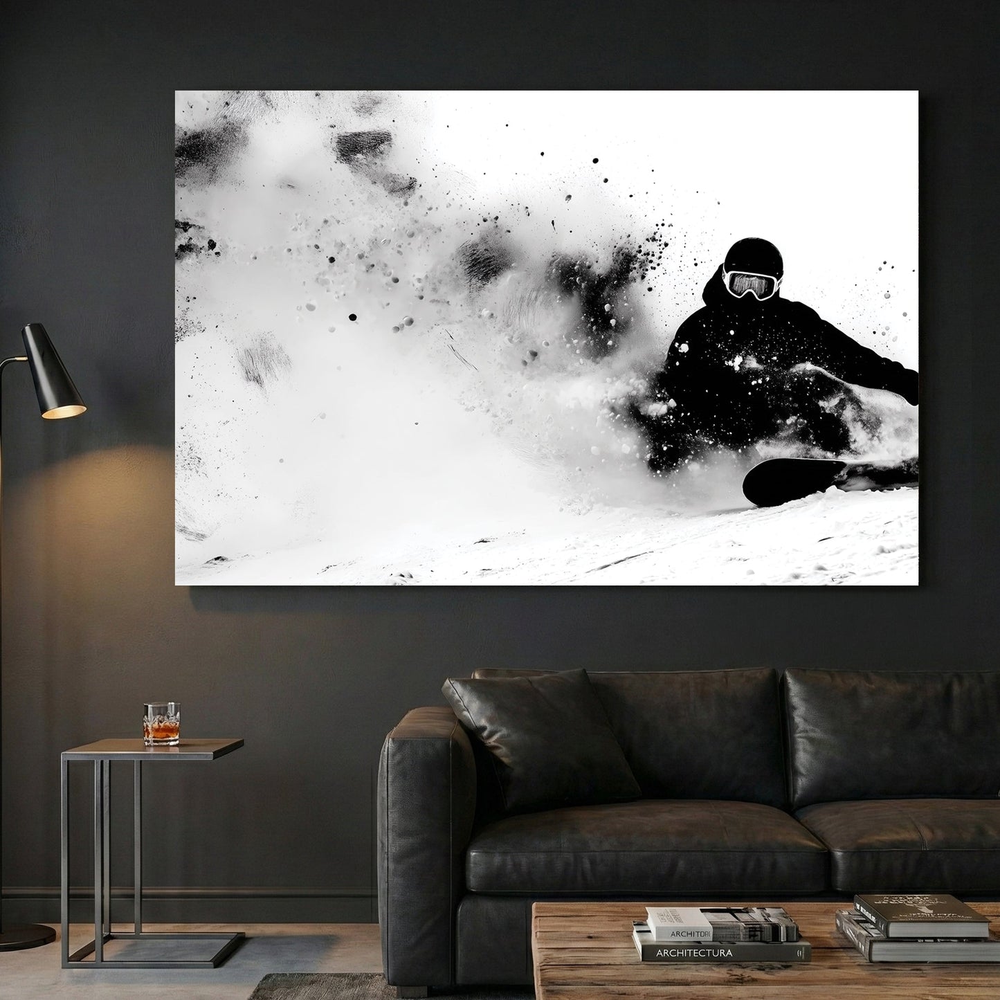 Snowboarder in action carving powder, sketch style wall art