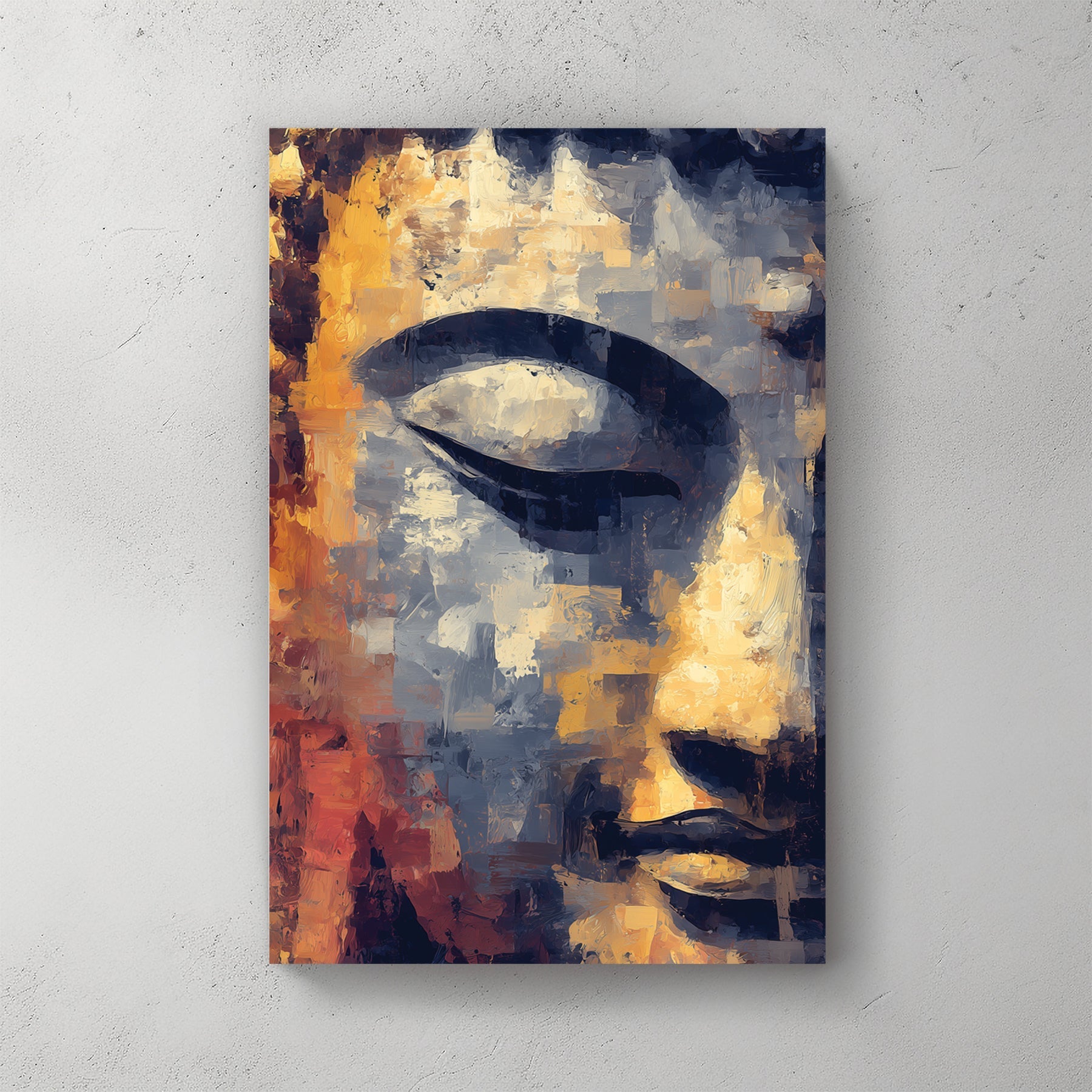 Buddha face with serene expression in gold and rust tones, mixed media print