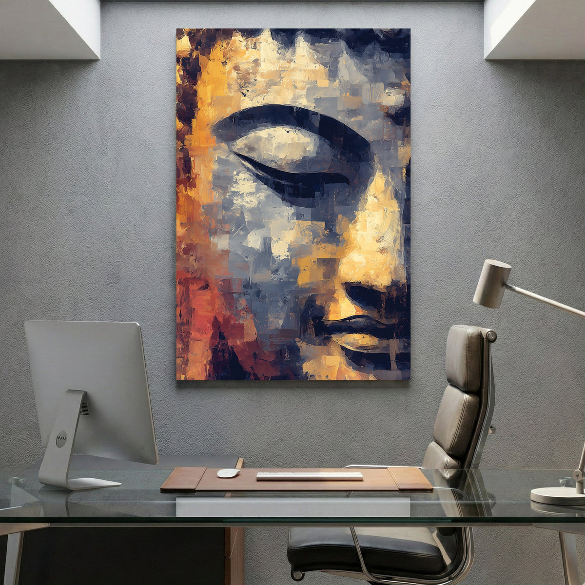 Buddha face with serene expression in gold and rust tones, mixed media print