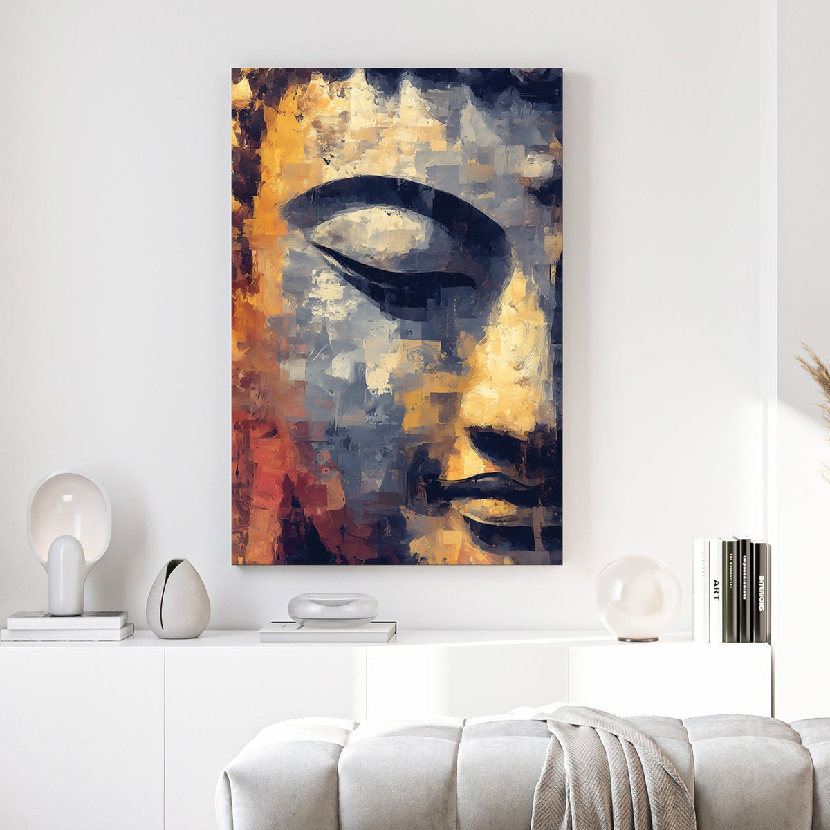 Buddha face with serene expression in gold and rust tones, mixed media print